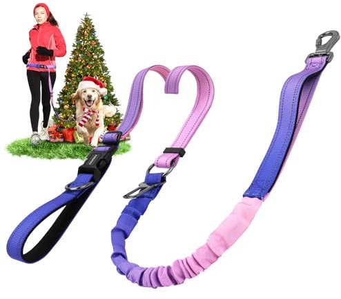 DAISTERN 6-in-1 Joggingleine Hunde, Freihandleine Elastisch Ruckdämpfend Reflektierend mit 360°Drehbarer Verriegelungskarabiner, Verstellbarer Hüftgurt für Mittelgroße und Große Hunde Lila