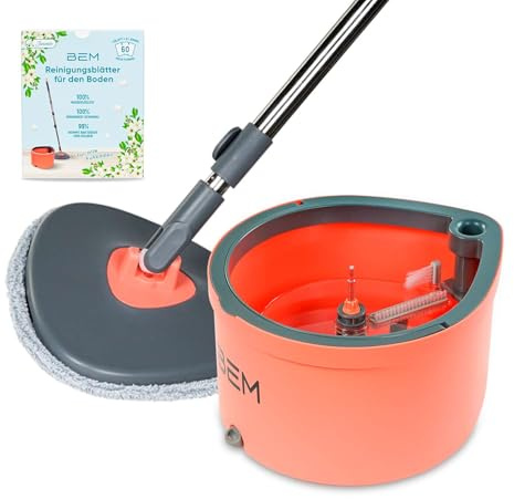 BEM Bodenreinigung Wisch-Set ORBITA: Wischmopp Eimer Reinigungsblätter | mit wasserlöslichen Reinigungsblättern, Auswringfunktion, Filtersystem, 2 Mopp-Köpfe inkl. (Mikrofaser)