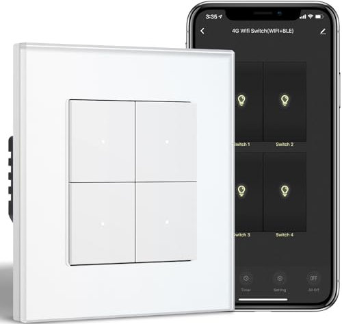 BSEED Smart Interruptor Empotrado con Superficie de Cristal 4 Gang 1 vía, Interruptor de Botón WiFi Compatible con Alexa/Google Home, Interruptor de Pared Funciona con APP Smart Life/Tuya, Blanco