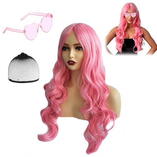 Perücke in Rosa ?Lang, Schön & Natürlich - Perfekt für Karneval, Kostüm- und Themenpartys Pinke Perücke von MapofBeauty mit inklusiven Extras?natürlich und bequem