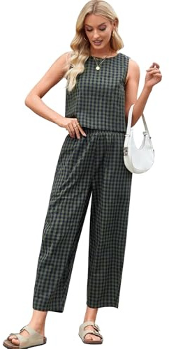 SotRong Gingham Summer Two Pieces Outfit Women Relaxed Boxy Fit Plaid Checked Pattern Leisure Wear Sets Sleveless Crewneck Tank Tops High Elastic Waist Cropped Pants Chic Y2k Coordinated Matching Set