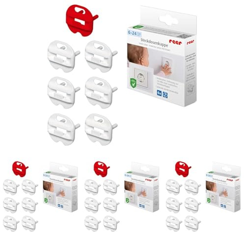 reer Steckdosen-Kappe mit Schlüssel, 6+1 Stück, weiß, das Original vom Erfinder des Steckdosen-Schutz (Packung mit 4)