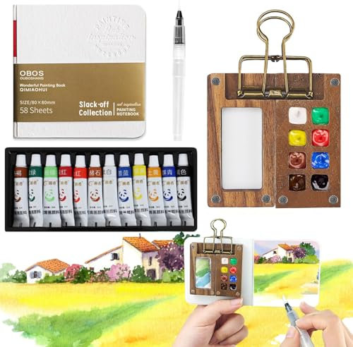 4 Pcs Mini Watercolour Paint Set Travel, Lid Foldable Portable Palette, 8 Grids Wooden Travel Watercolour Set, Gift for Artists (Pocket Sketchbook, Palette With Metal Clip, Watercolor Pen, Paints)