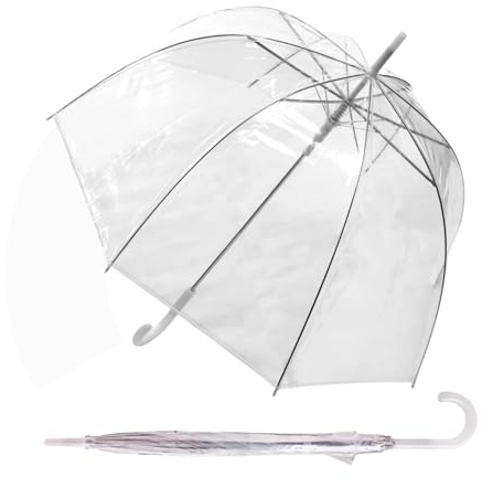 Jollybrolly Clear Umbrella with Crook Handle – Transparent, Birdcage Design, White Detailing, Windproof, Waterproof, Large See Through Umbrella