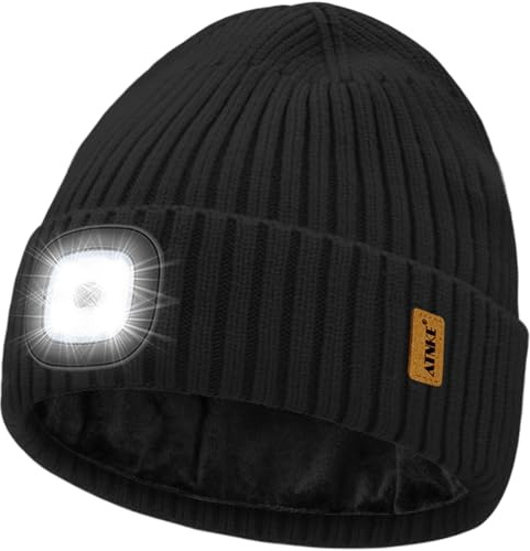 ATNKE LED Beleuchtete Mütze mit Licht,USB Wiederaufladbare 4 LED Laufmütze Freihändig Stirnlampe Winter Warm Fleece Gefüttert Strick Mütze Geschenke für Herren und Damen