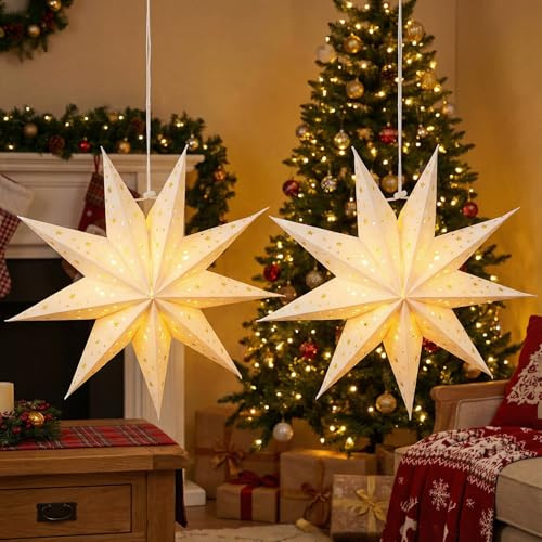 2 Stück Papierstern Lampenschirm, Stern Laternen Lampenschirm 35cm Hängende Weihnachtsstern Deko Lampenschirme Faltbar Schutz Für Pendelleuchte Wohnzimmer Schlafzimmer