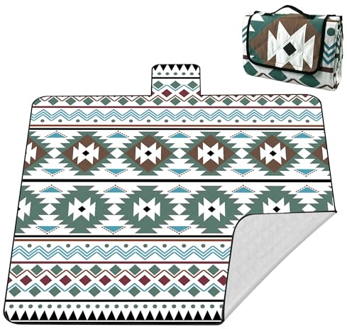 laimaimi Picknickdecke XXL 200x200 cm – extra groß, wasserdicht & waschbar, geometrisches Design in Beige, Grün & Blau, dick gepolstert mit Alubeschichtung, faltbar & tragbar – für Outdoor & Garten
