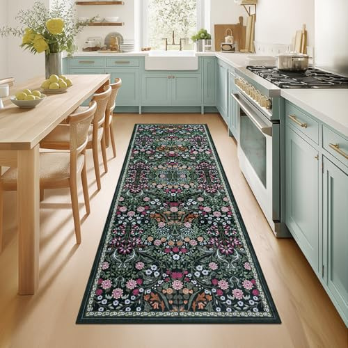 PLHXFR 2x6 Washable Runner Rug：Floral Indoor Kitchen Carpet Dark Green