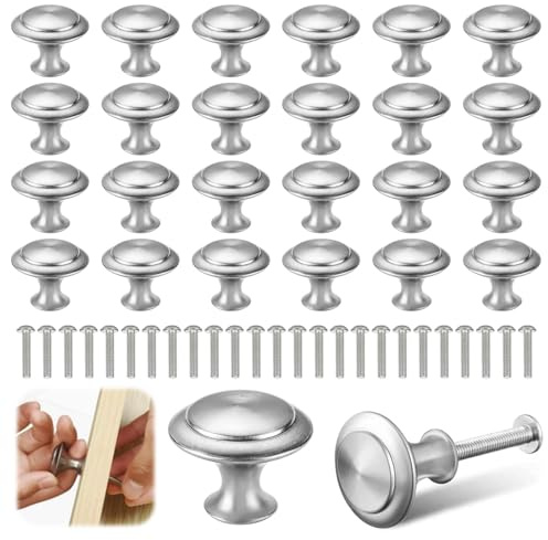 25 Pcs Silver Cabinet Knobs,Stainless Steel Kitchen Handles for Cupboards,30mm Kitchen Cabinet Handles,Drawers Handles Pull Handle with Screws,Chrome Knobs for Drawers, Furniture and Home Renovation