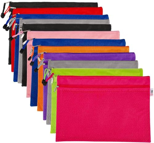 A4 Oxford Cloth Waterproof Zipper File Bags, 12pcs Zip Bags Wallets File Document Pocket Double-Layer Grid Receipt Toy Puzzle Organizer for Office School Home Supplies Travel Accessories (C-12PCS)