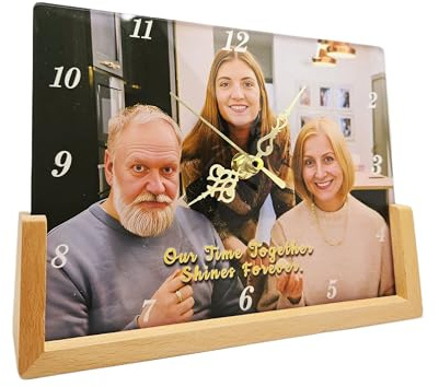 Custom Acrylic Photo Clock with Night Light – Personalized Picture Gift with LED Color Options, Wooden Base – Unique Home Decor Keepsake for Family, Anniversary, or Memorial (Horizontal-custom)