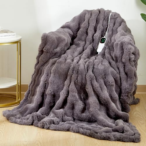 Fotgear Heated Blanket Electric Throw - Soft Cozy Faux Fur Bubble Electric Blankets with 6 Time Settings, 8 Heating Levels, Fast Heating & Overheat Protection, Machine Washable (59 x 79, Gray)
