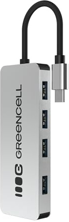 Green Cell Adaptador USB-C HUB 4 en 1, USB-C a 4 Puertos USB-A 3.0 | Carcasa de Aluminio, Transferencia de Datos de Hasta 5 Gbps, Plug Play, Distribuidor Compatible con MacBook, Dell, Lenovo, HP
