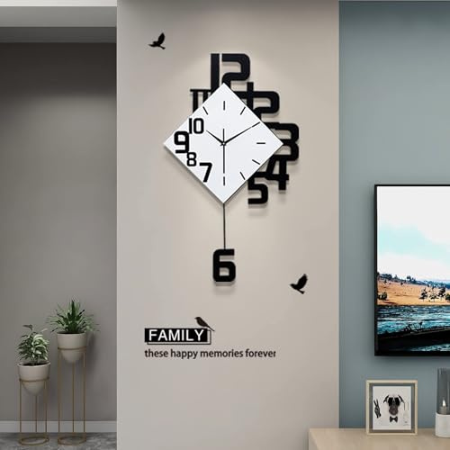 JIUJIUDA Große Moderne Wanduhr für Wohnzimmer Dekor Dekorative weiße Metall Lautlos Ausgefallene Wanduhr mit Pendel Batteriebetrieben Ohne Tickgeräusche für Küche Büro Schlafzimmer 34x63cm