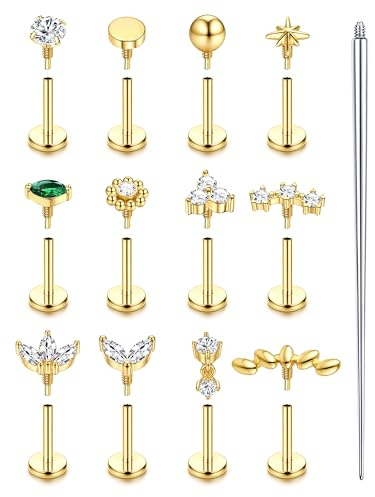 Krfy 16G/18G Helix Tragus Piercing Schmuck Chirurgenstahl Innengewinde Forward Helix Studs Ohrring Gold Silber Flache Ohrringe Nasenpiercing Labret Tragus Knorpel Conch Piercing Ohr-8mm-16GG