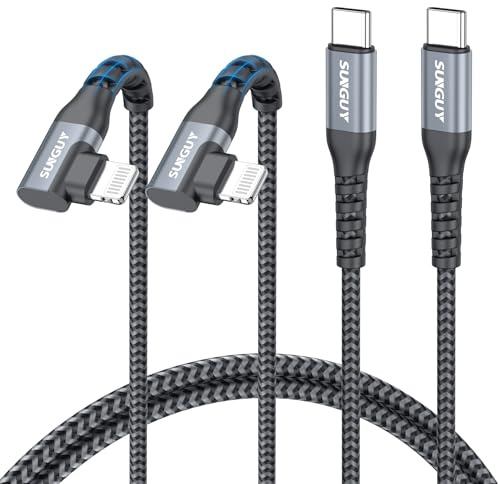 SUNGUY Winkel USB-C auf Lightning Kabel 1M [2Stück], 90 Grad Lightning Kabel USB C Schnellladekabel geflochten für iPhone 14/13/12/11 Pro Max Mini X XS XR Plus SE | USB-C-auf-Lightning-Schnellladekabel mit geflochtenem Oberkabel für iPhone 14/13/12/11 Pro Max Mini, X XS XR Plus SE
