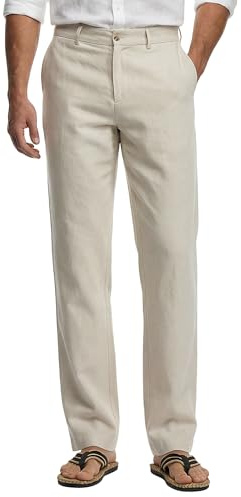 HISDERN Pantalon en Lin Homme Beige de Travail Léger Habillé Pantalons Homme Décontractés Coton Casual à Boutons Été et Poches, L