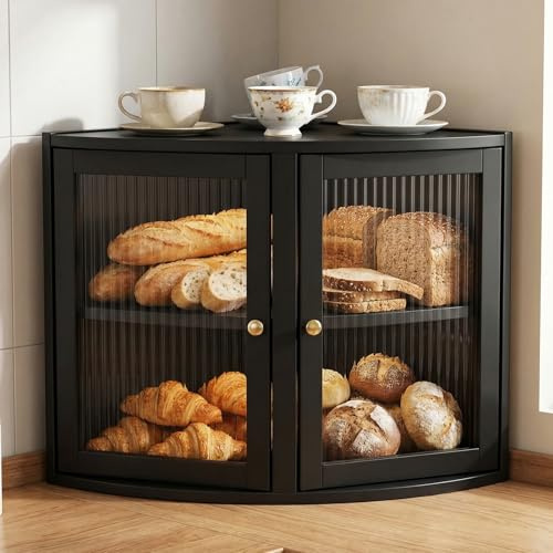 Double Layer Bread Box, Bamboo Corner Bread Bin for Kitchen Countertop