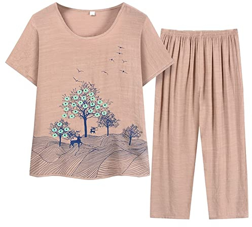 Traje de Pantalón para Mujer Conjunto de Dos Piezas Verano Estampado Manga Corta Cuello Holgado Tejido Algodón Lino (Beige, XL)