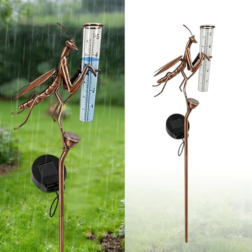 Behogan - Pluviómetro solar decorativo para jardín, con estaca e iluminación LED, medida 61 cm, cristal anticongelante para jardín, terraza, césped, espacio exterior, decoración resistente a la