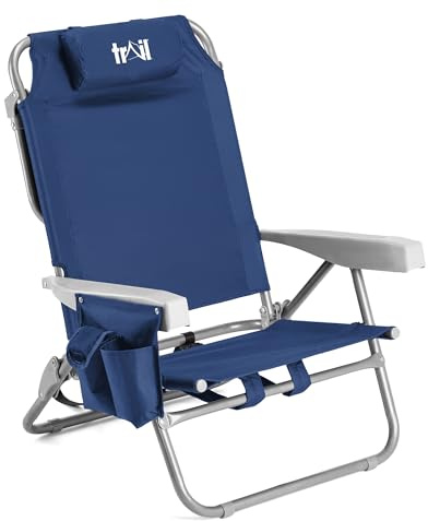 Trail Low Reclining Beach Chair, 4 Positions, Navy Blue | 4 Reclining Positions, Integrated Head Cushion, Fully Reclines for Lounging, Drinks & Storage Pockets, Backpack Carry Straps