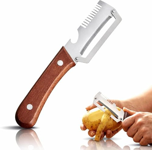 Pelador Verduras Multifunción, 3-in-1 Stainless Steel Wide Blade Potato Peeler with Built-in Scallion Shredder & Bottle Opener Zanahorias Abrir Botellas Vino Sin Esfuerzo (1 PCS)