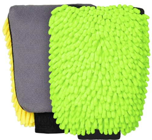 WD&CD Lot de 2 Gants de Lavage Voiture Chenille Double Face, Absorbant & Imperméable, 19x26cm, Anti-Rayures pour Nettoyage Auto/Moto, Jaune + Vert