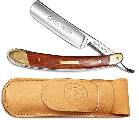 Naked Armor Solomon Straight Razor - Shave Ready 7/8 Round Nose Japanese Steel Straight Razors for Men with Algum Wood Scale, Case Included, Close Shave, Brown