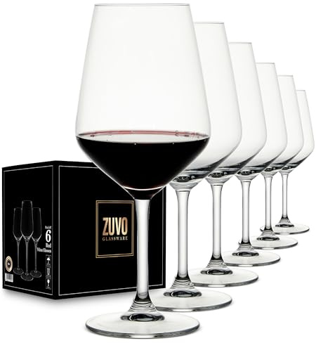 Zuvo Red Wine Glasses Set of 6 (37cl) – Italian-Style Crystal Glassware with Long Stem – Elegant, Dishwasher Safe, Durable