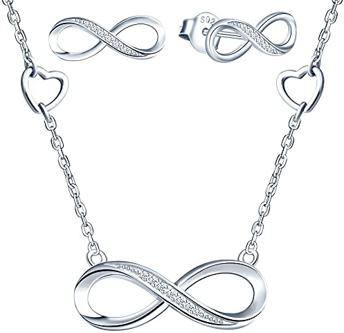 Yumilok Damen Halskette 925 Sterling Silber Unendlichkeit Infinity Herz Charm Kette Damen Ohrringe Ohrstecker Schmuck Set für Frauen Mädchen