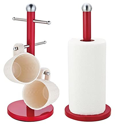 Royal Cuisine set of Stainless Steel Coffee Tea Mug Tree and Kitchen Roll Holder Mug Hanger Stand Paper Towel Holder Tea Coffee Cup Holder with 6 Hooks Kitchen Towel Holders Mug Holder Kitchenware Red