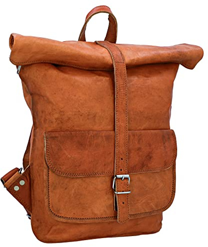 Gusti Rucksack Leder - Roven Damen und Herren Rollrucksack Lederrucsack Wasserdicht Cityrucksack Fahrradrucksack Braun Leder 11 L