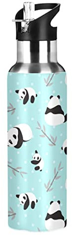Oarencol Süße Panda Bambus-Trinkflasche, Tierblätter, Blau, Edelstahl, vakuumisoliert, mit Strohhalm-Deckel, 590 ml