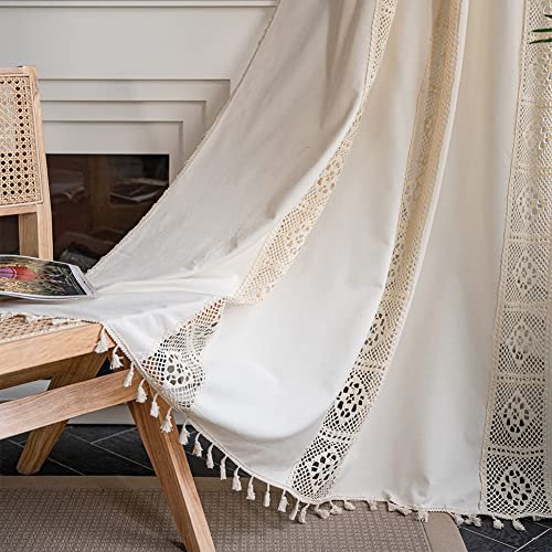 Michorinee Blickdicht Vorhang Gardinen Leinenoptik Boho Hohle Geometrisch Muster Verdunkelung Vorhänge Beige Baumwolle Gardinen mit Quaste für Küche Esszimmer 1er Set 150 × 160cm (B × H)