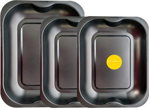 Kitcheneur 3-Pack Black Roasting Tins & Baking Tray Set – 2X Medium (33cm) & Large (38cm) Non-Stick Roasting Trays for Oven Baking, Cooking Trays & Bakeware – Easy to Clean, Dishwasher Safe