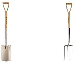 Kent & Stowe Gärtnerspaten, Länge: 110 cm & Spatengabel – Garten-Forke zum Umgraben aus Edelstahl, für große Bodenflächen, Heugabel mit Stiel aus Eschenholz, Länge: 110 cm