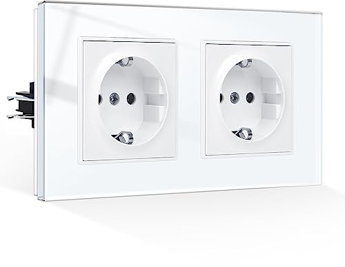 CNBINGO Doppelsteckdose Unterputz mit Krallen, Schuko Steckdose Gehärteter Glasscheibe, Weiß Schutzkontakt Wandsteckdose, 2-Fach, 16Amp, 250V