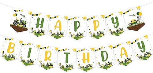 Sursurprise Lawnmower Happy Birthday Banner, Green and Yellow Tractor Themed Birthday Party Decor Supplies