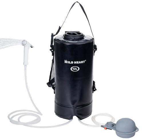 WILD HEART Verbesserte Campingdusche, 12 L/ 3 Gallonen, tragbare Druck-Camping-Duschtasche mit Schraubdeckel, Druck-Fußpumpe und Duschdüse (Schwarz)