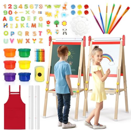 Kinder Staffelei, 3-in-1-Staffelei zum Malen mit Magnettafel, Zeichenpapier, tafel kinder, magnettafel kinder, Höhenverstellbar Standtafel,Geschenk für Kinder,Rot