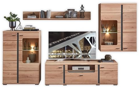 Wohnwand Komplett-Set in Altesche massiv, Old Artisan Oak Optik FSC-zertifiziert - Moderne Schrankwand mit LED-Beleuchtung für Ihr Wohnzimmer - 333 x 203 x 43 cm (B/H/T) | 333 x 203 x 43 cm (B/H/T), Fronten Altesche massiv, Glaskantenbeleuchtung, FSC-zertifiziert, Wohnzimmer
