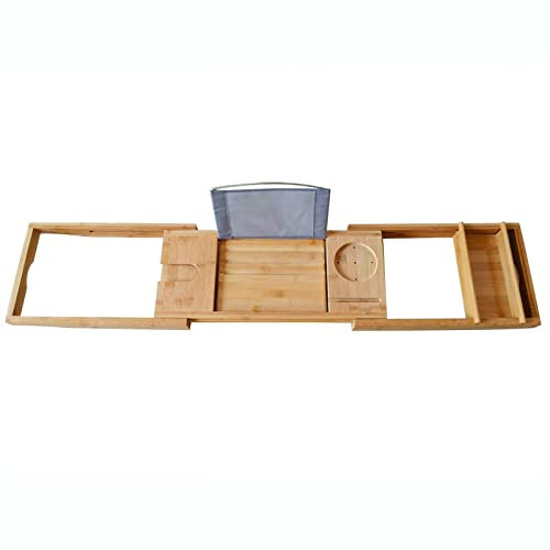Bambus Badewannenablage Caddy Tablett mit ausziehbaren Seiten Natürliches, umweltfreundliches Badezimmertablett Verstellbares Bambus 75-109 * 23 * 4.5cm