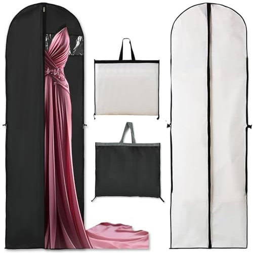2 Stück Faltbarer Kleidersack für Brautkleider, Kleidersack Lang 180 x 60 cm, Atmungsaktive kleidersack lang, PEVA Kleidertasche zum Aufhängen, für Anzüge Mäntel Abendkleider Anzugsack Schwarz + Weiß