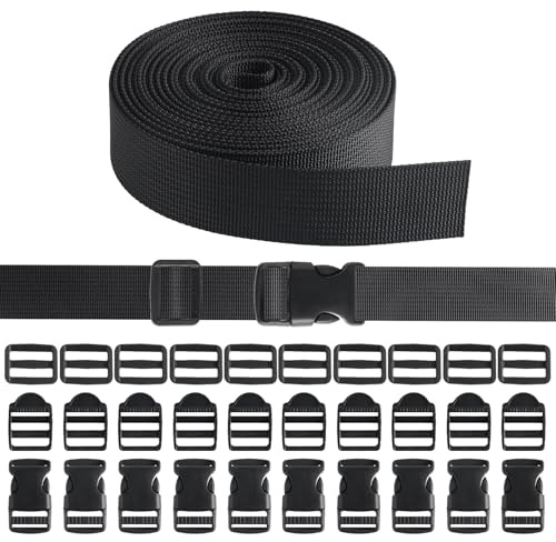 Trukafie spännband 25 mm 5,4 m med 6 par spännen och spännen, tungt nylonband med 12 stycken platta, remmar för gör-det-själv hantverk ryggsäck remväska bagagerem, svart, En Storlek