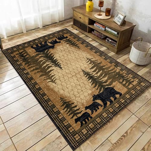Cabin Bear Area Rug for Bedroom, 5x7ft, Pine Rustic Lodge Indoor Throw Rug, Washable Easy Clean Home Decor Carpet, Breathable Durable with Non Slip Backing Rugs for Office Porch