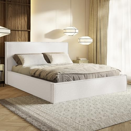 MOTIVENA Boho Bett 180x200 Weiß Boucle, mit Stauraum, mit Kopfteil, mit Lattenrost, ohne Füße, ohne Matratze, Polsterbett 180x200 mit Bettkasten Weiß (Milch)