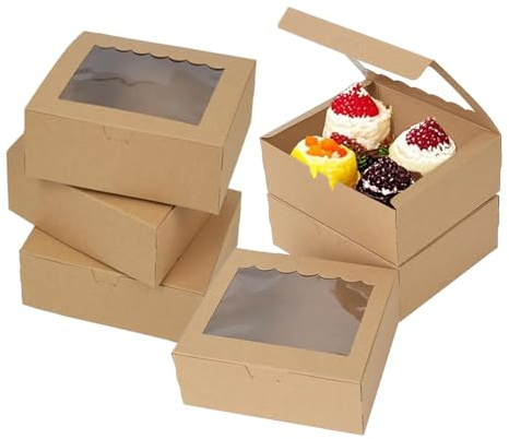 Cookie Boxes, 30PCS Cupcake Boxes with Window 13.5 x 13.5 x 5 cm Brown | Mini Cake Boxes, Bakery Pastry Boxes, for Cake Pastries Pie Board Cardboard Gift Packaging Boxes Bakery Coffee Shop