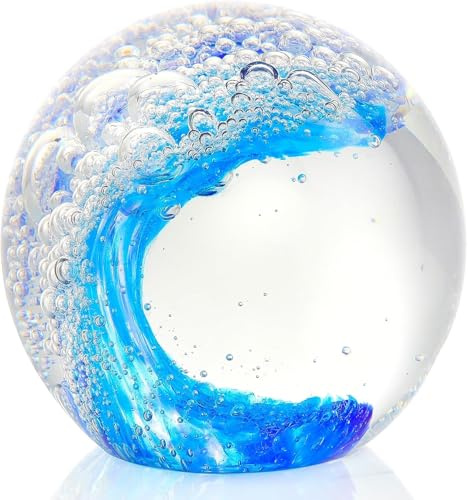 Eachave Briefbeschwerer Glaskugel, Handgefertigte Glasfiguren Kugel Ozeanwellen, Wohnkultur Sammelobjekt, Aquarium Dekor, Büro Dekor für Ozeanliebhaber (Blau)