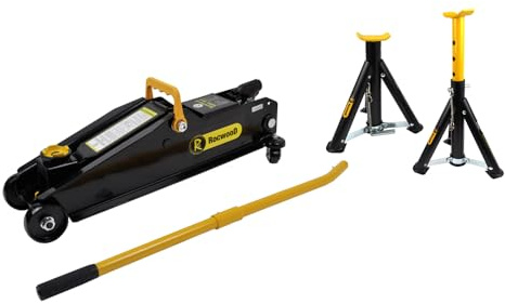 RocwooD Trolley Jack 3 Ton Tonne Hydraulic & Axle Stand Set 3 Ton Foldable Foldinng Floor Lifting Lift Car Van Garage Repair Tool Portable Workshop Equipment