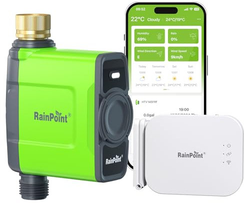 RAINPOINT Centralina Irrigazione WiFi Timer Irrigazione con Gateway dell'antenna RF 150m, Intelligente Programmatore Irrigazione per Giardino con APP/Vocale Controllo, Ingresso in Ottone, 6 Plans